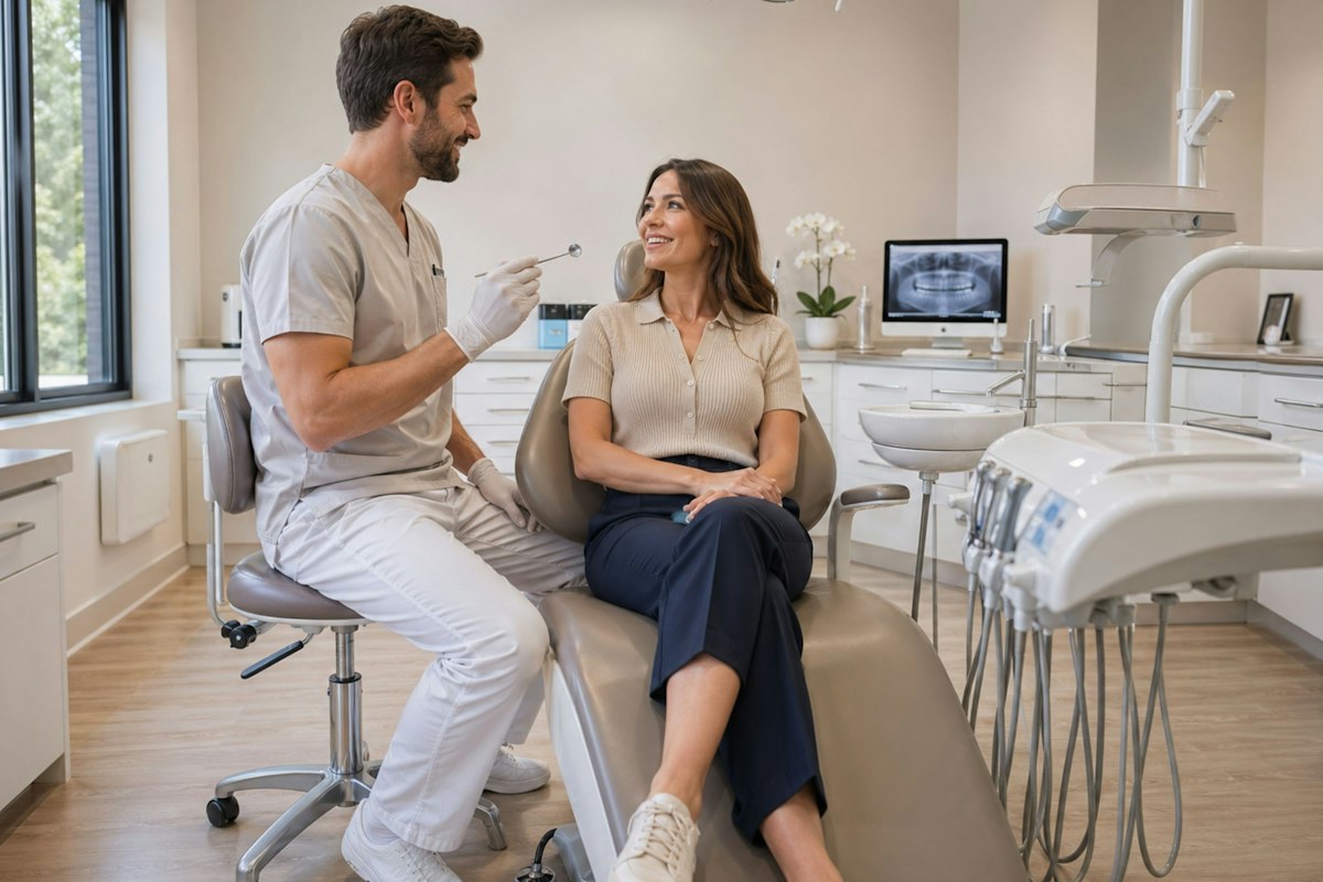 Dentist sitting with a patient and talking through a treatment plan